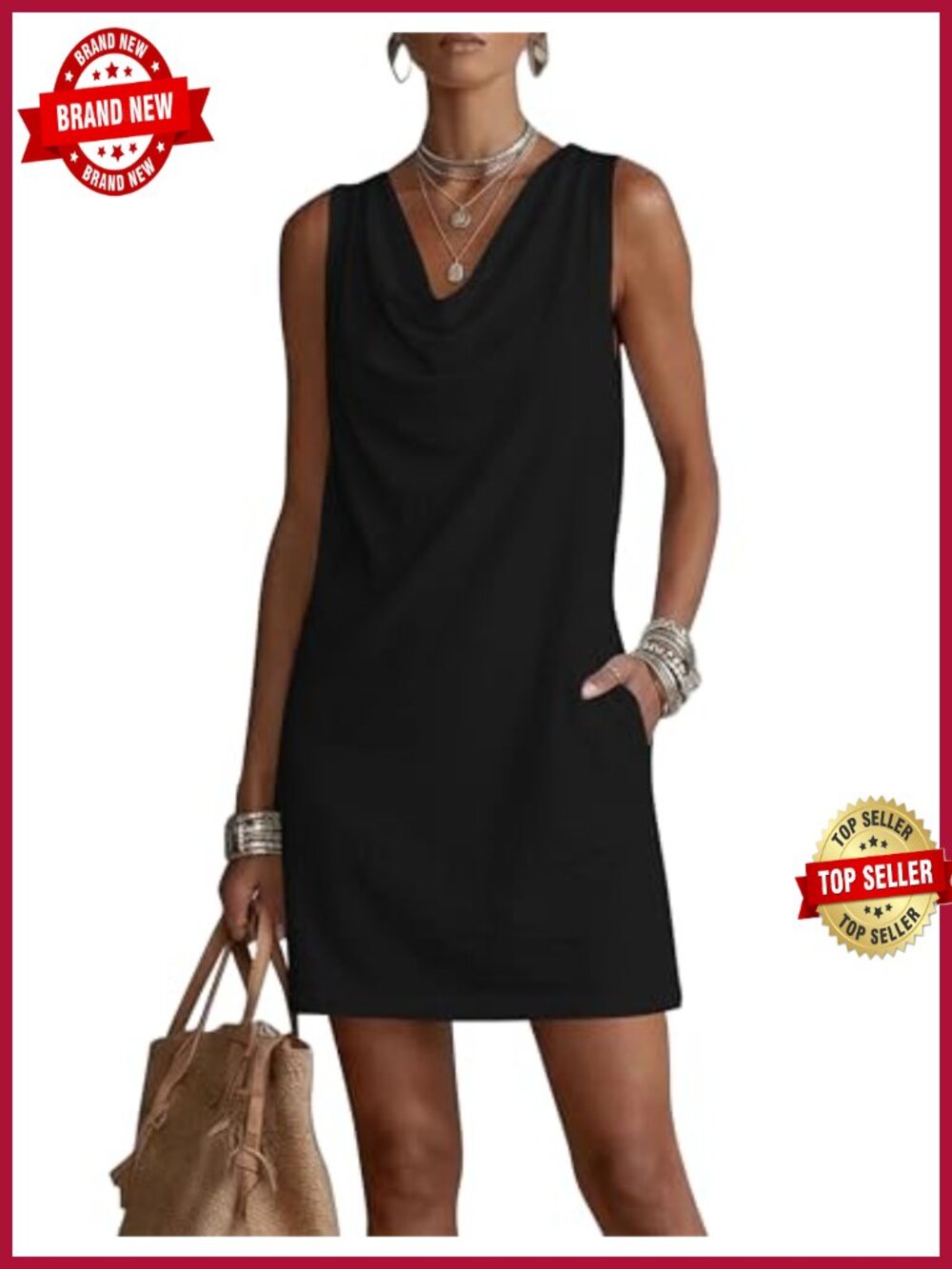 Womens Cowl Neck Shift Mini Dress Sleeveless Summer Sundress Pockets